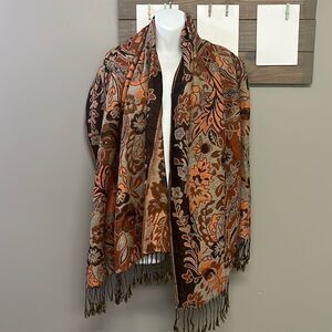 Fall Autumn Scarf Wrap with Fringe Leaves Colorful Thanksgiving Seasonal